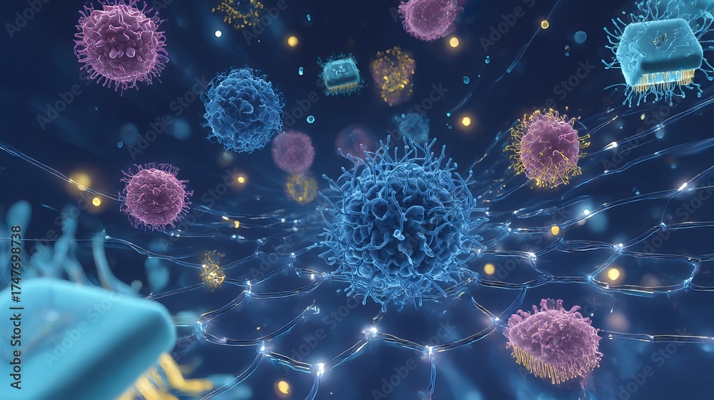 Fototapeta premium Nanomedicine envisions tiny robots easing pain and delivering drugs. Microscopic machines, nanobots, and chips operate within a metaverse powered by AI, all rendered in 3D. 
