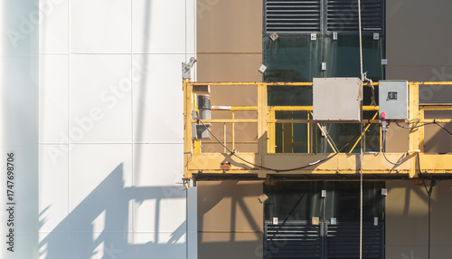 An empty construction winch hanging from cables on the facade of a modern building