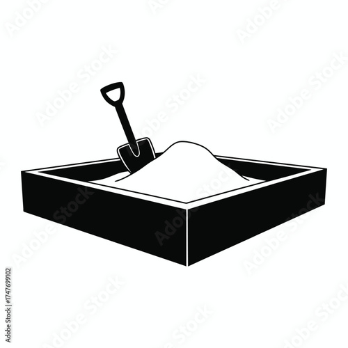 Simple black and white silhouette illustration of sandbox with shovel vector graphic vector