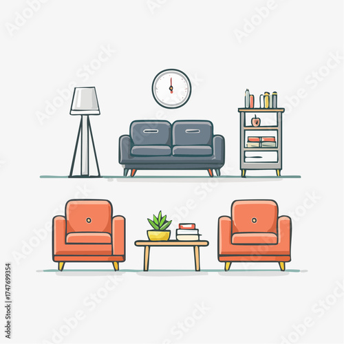 A collection of modern living room furniture and decor items in a flat line art style.