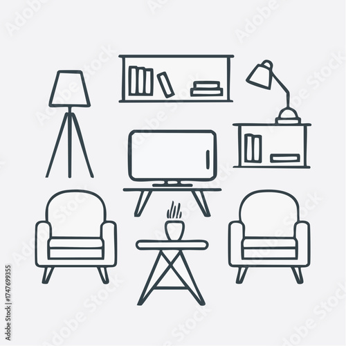 A collection of modern living room furniture and decor icons in a minimalist line art style.