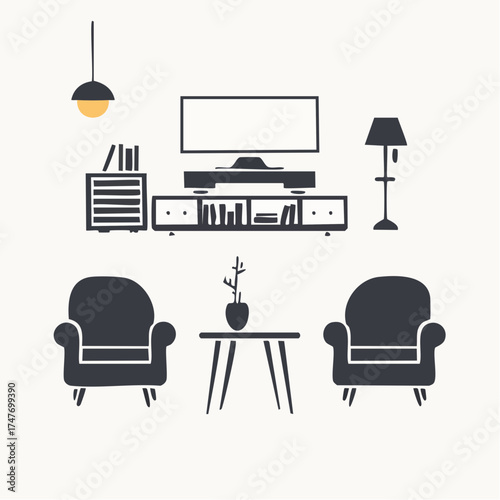 Minimalist flat design illustration of a modern living room furniture set.