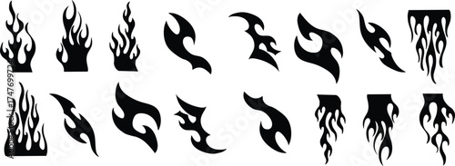 Flame decal. Fire abstract black silhouette flames for race car or tattoo Silhouette Fire flames. Old school tattoo neo-tribal style or silhouette flame for cars.set vector icons. Fire sign Fire flame