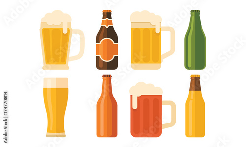 Flat design vector illustration of eight beer bottles and mugs scalable eps icon vector