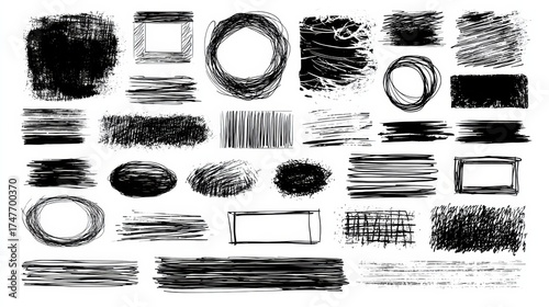 Variety of Black and White Brush Strokes and Textures for Creative Design Projects, Showcasing Diverse Shapes and Patterns on a White Background