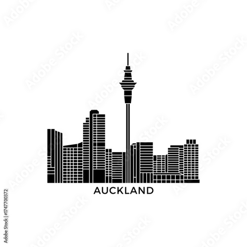 Auckland skyline, horizon logo. Panorama of New Zealand city icon with landmarks, skyscrapers, tower, downtown. Isolated black graphic, vector clipart