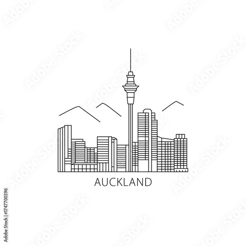 Auckland skyline, horizon logo. Panorama of New Zealand city icon with landmarks, skyscrapers, tower, downtown. Isolated thin line graphic, vector clipart