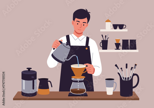 Flat Design Barista Pour Over Coffee V60