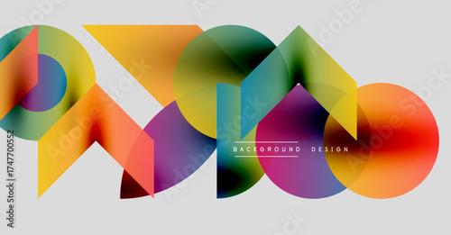 Abstract colorful shapes overlap, creating dynamic visual effect. Gradient hues blend smoothly, forming modern design element.