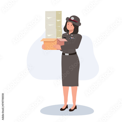woman police officer holding a box of paper files representing law enforcement paperwork and administrative duties