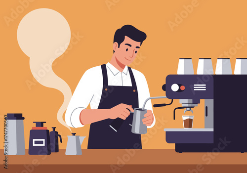 Confident Barista Cleaning Steam Wand Flat Illustration