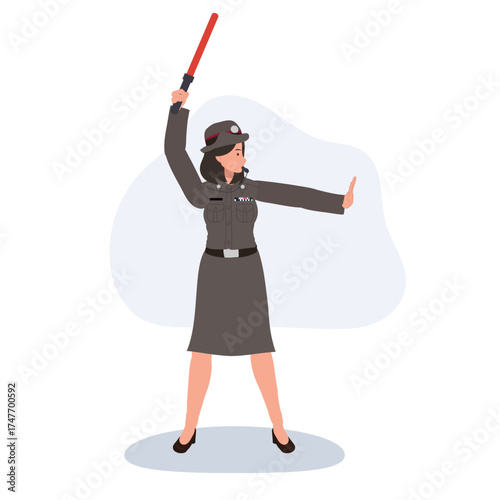 woman officer controlling traffic with red light baton.thai police for transportation and safety theme