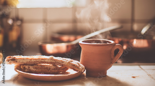 churros. A clay cup of hot chocolate with churros, capturing the warmth of Spanish National Day. menu design, packaging mockups, designed for culinary blogs and recipe cards for restaurants