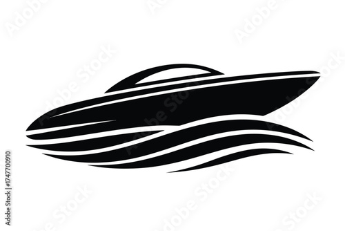 Minimalist black and white vector logo design of a speedboat on waves vector