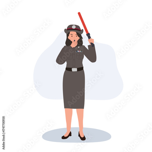 thai woman traffic officer in full uniform holding red baton managing traffic control and public order outdoors