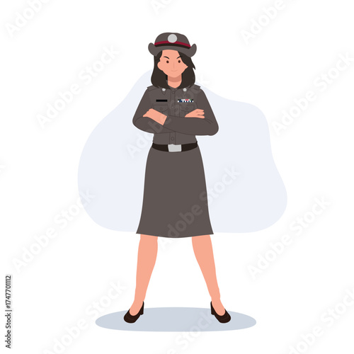 thai woman police officer character wearing uniform representing female strength and justice in public service