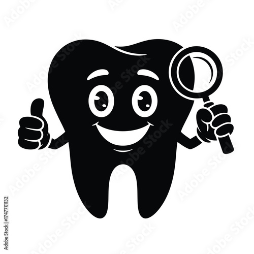 Happy tooth character holding magnifying glass and giving thumbs up