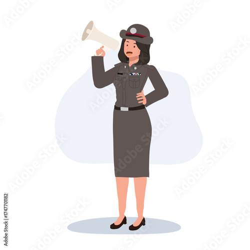 female police officer holding megaphone illustration showing thai law enforcement woman communicating in uniform