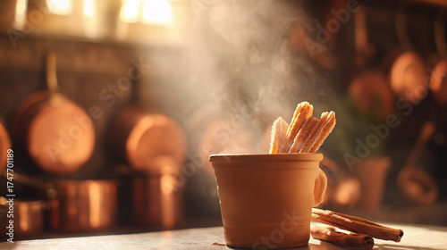 churros. A clay cup of hot chocolate with churros, capturing the warmth of Spanish National Day. menu design, packaging mockups, designed for culinary blogs and recipe cards for restaurants