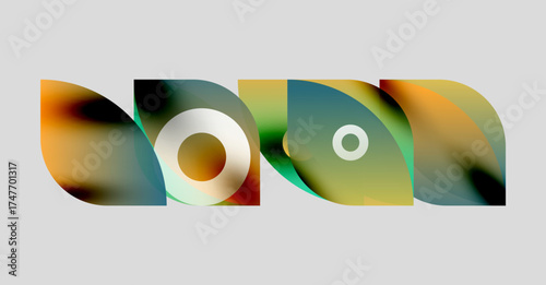 Abstract colorful shapes overlap, creating dynamic visual composition. Gradients blend, forming fluid forms against gray background.