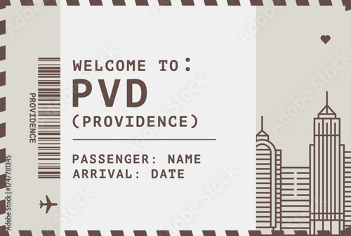 Welcome to Providence USA card template. Vector postcard illustration with airport code, skyline, flight info. Boarding pass, luggage tag image layout