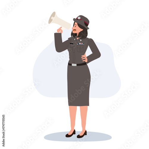 female police officer using megaphone announcing public message for awareness and law enforcement concept