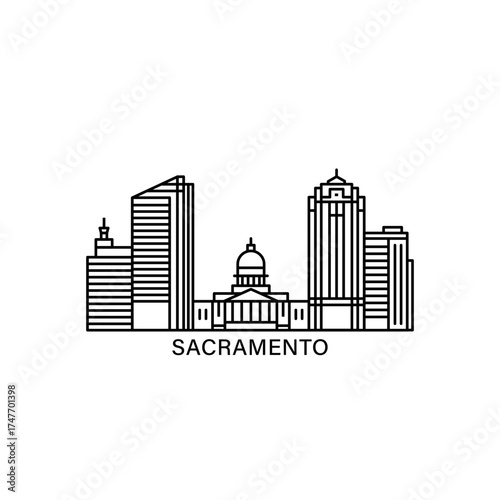Sacramento skyline, horizon logo. USA California state panoramic city icon with shapes of landmarks, buildings. Isolated thin line illustration, vector clipart