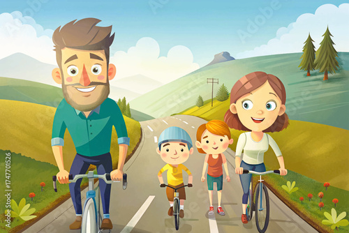 European family cycling together on countryside road, teamwork, fresh air, and joy illustration