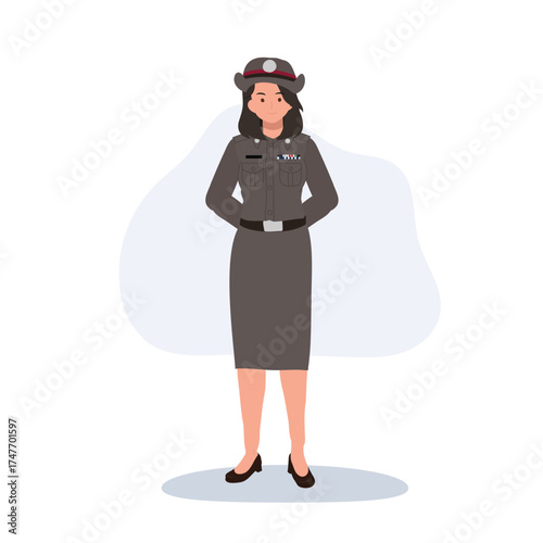 thailand woman police character wearing official uniform flat illustration representing law and order public safety and national service