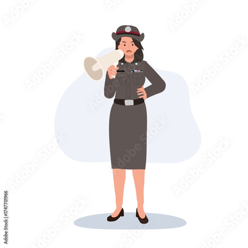 woman police officer character in uniform using megaphone for public announcement and law enforcement