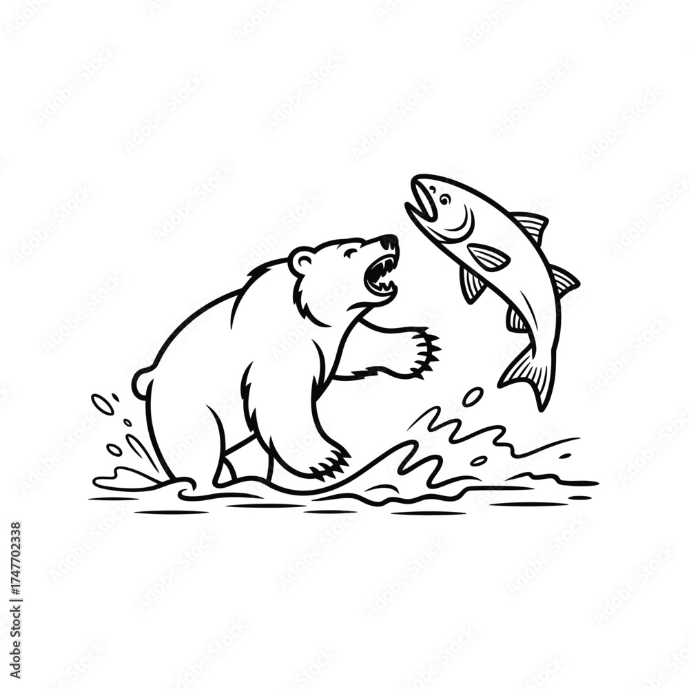 Fototapeta premium Polar bear catching a jumping salmon in water illustration