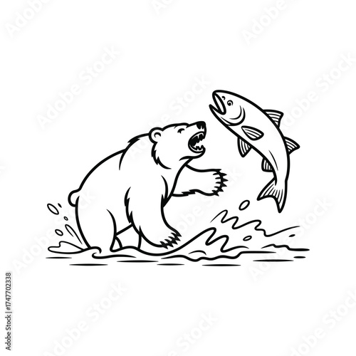 Polar bear catching a jumping salmon in water illustration