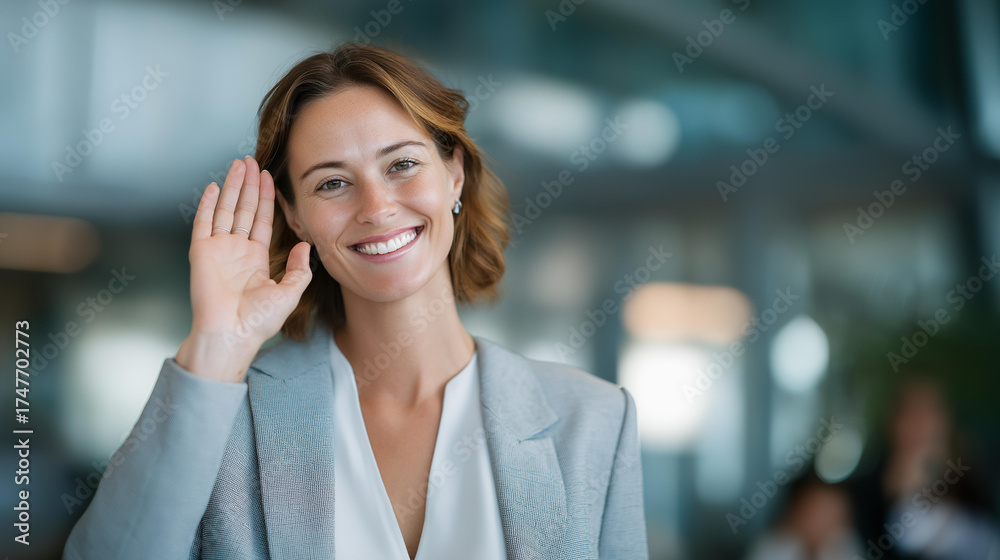 Obraz premium Professional insurance agent greeting clients at corporate lobby with welcoming gesture, symbolizing reliability, trust, personalized financial care, and dedication to customer relationships.