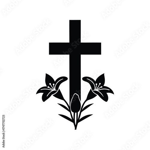 Symbol of Resurrection Black Silhouette Cross with Lilies on a White Background