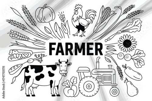 Farmer vector illustration scalable eps icon featuring farm animals crops and tractor vector