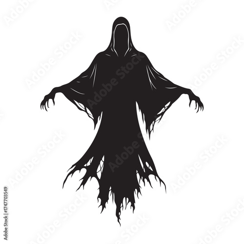 Grim Reaper Ghost Black Silhouette in Hooded Cloak Vector Icon