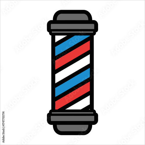A classic barber pole with red, white, and blue stripes indicating a barbershop.