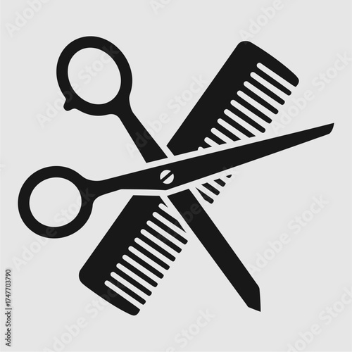 Black silhouette of crossed scissors and comb, symbolizing hairdressing and barber services.