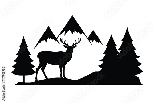 Solid Black Silhouette of a Mountain Landscape with Pine Forest and Deer