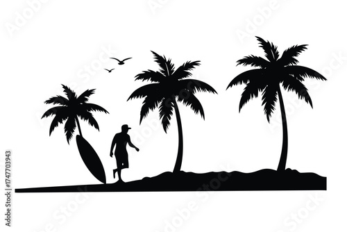 Solid Black Silhouette of Palm Trees and a Surfer Walking on the Beach

