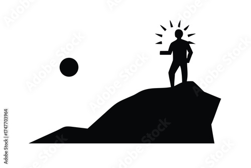 Solid Black Silhouette of a Person on a Cliff Edge Looking at the Sun