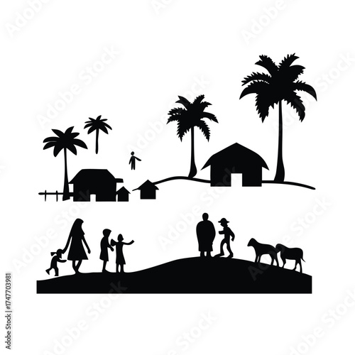 Solid Black Silhouette Vector of a Rural Village Scene