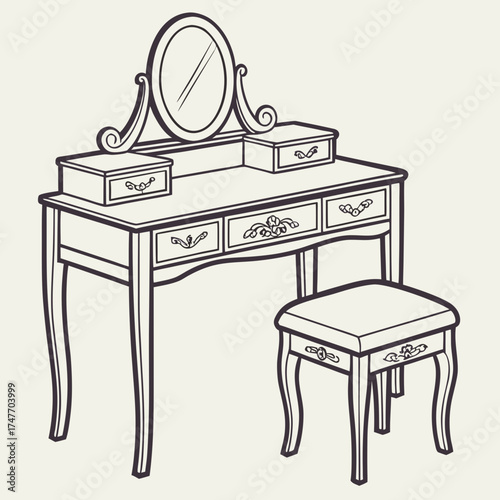 Vector art of dressing table with stool sketch