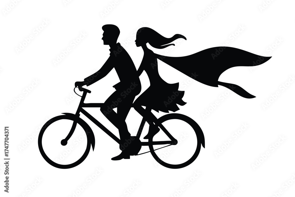 Fototapeta premium Solid Black Silhouette of a Couple Riding a Bicycle Together