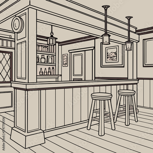 Vector art of line art of a vintage bar