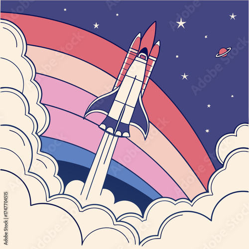 Vector art of retro rocket launching to space