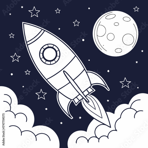 Vector art of rocket in space line drawing