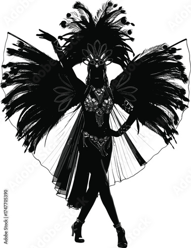 Carnival dancer silhouette with feathered wings, elaborate costume, cultural festival performance, exotic fashion show, dramatic pose, ornate headpiece, celebration art