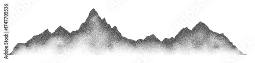 Grain noise stippled mountain range ridges terrain texture landscape vector illustration. Grunge pointillism mountain range stipple landscape halftone effect shape sand texture.