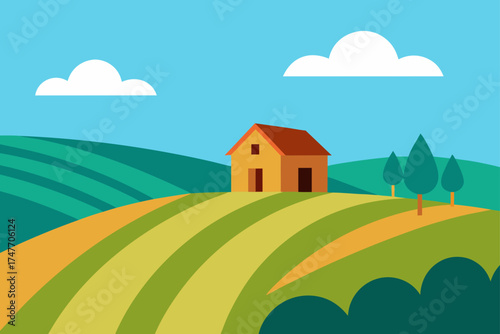 House on a hill with trees and clouds in the daytime